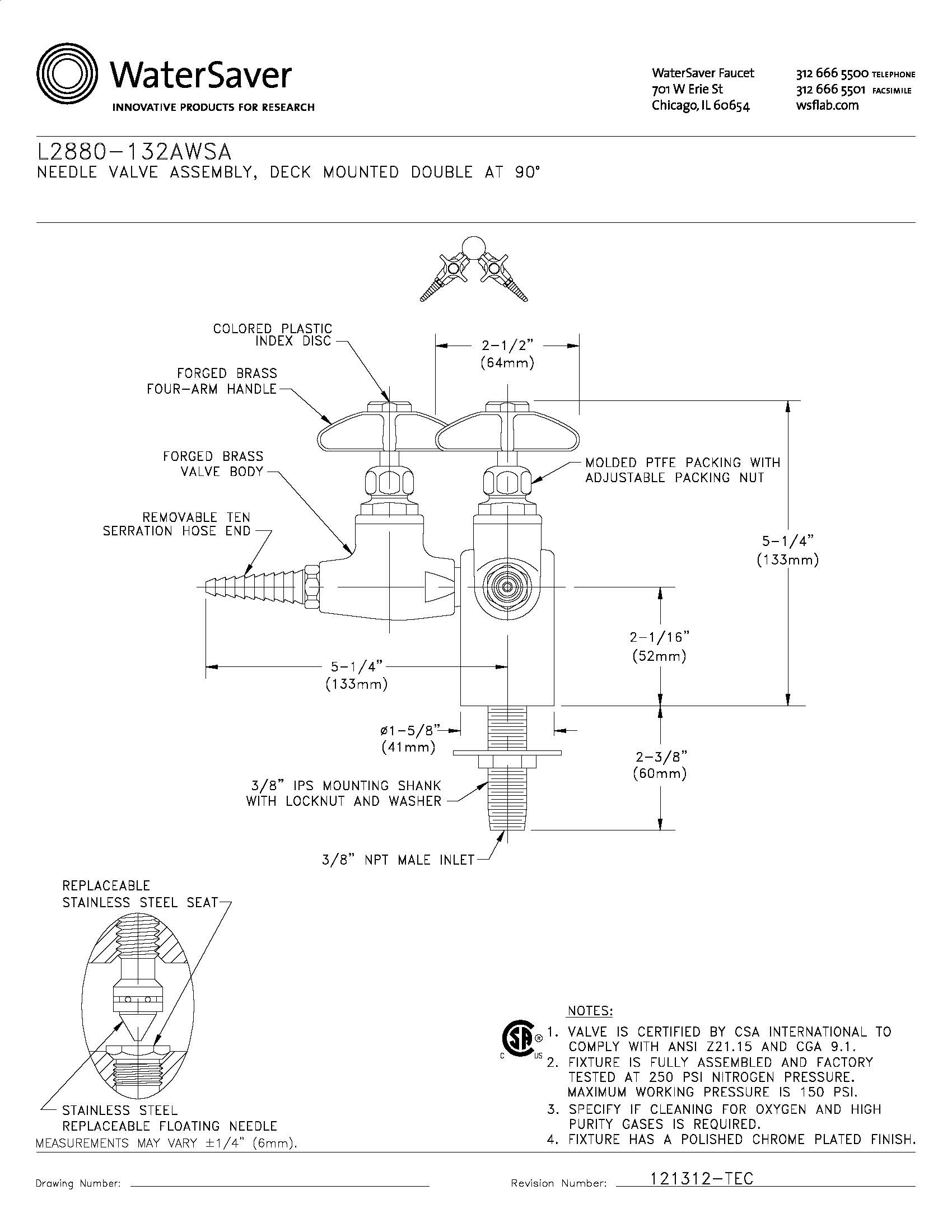 Watersaver L2880-132AWSA Needle Valve